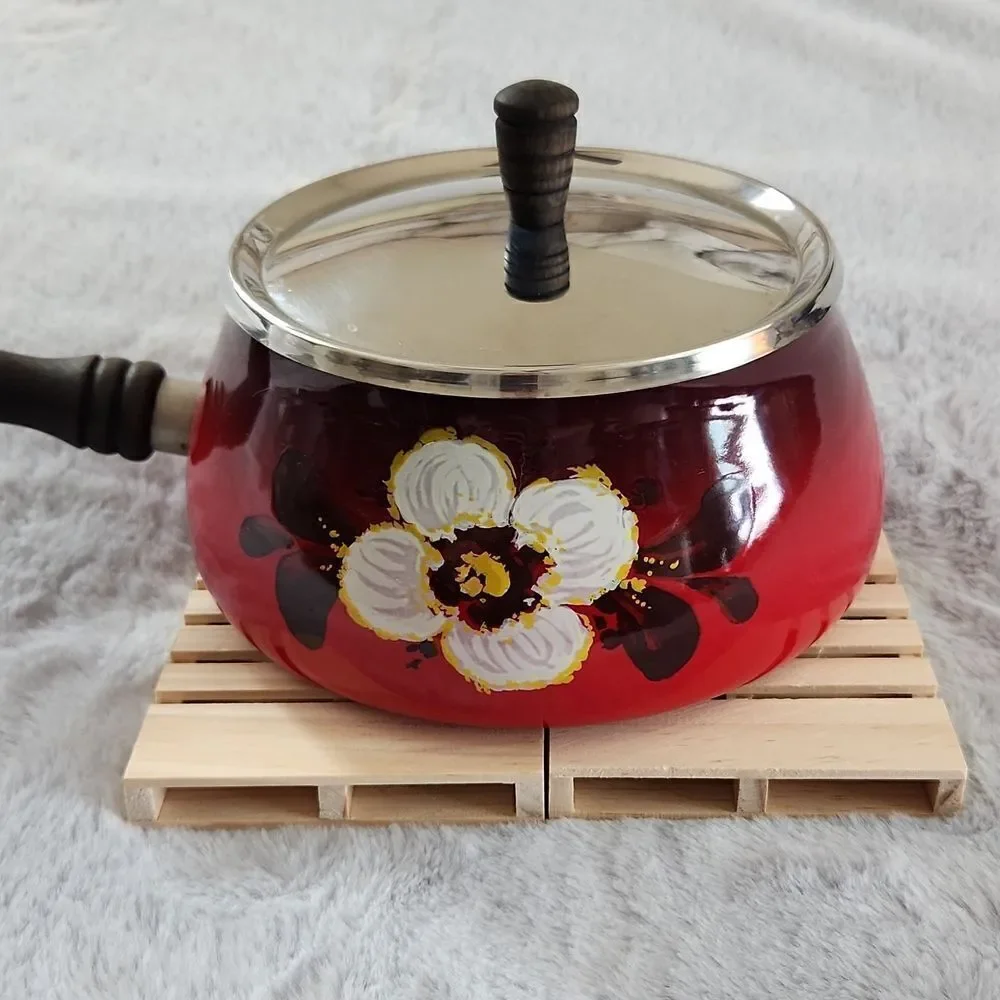 Vintage QSTA Red Enamel Fondue Pot Floral Sauce Pot Wood Handle w/ Lid